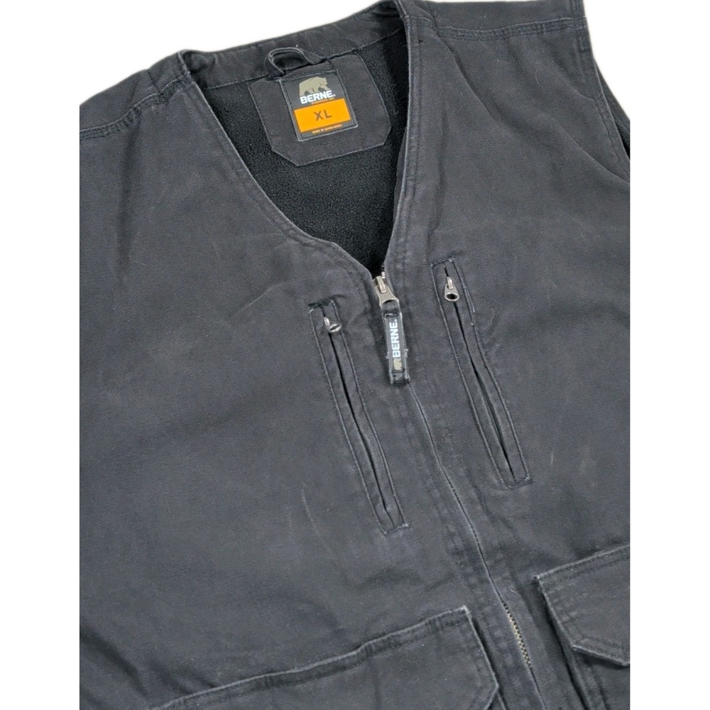 Berne Workwear Vest Mens XL Black Canvas Fleece Lined Cargo Pockets Zip Front